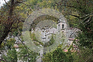 Equi Terme, beautiful medieval spa village in the Apuan Alps mountains, Tuscany, Italy. Autumn. Famous for its sulphur