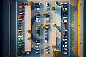 equied parking near large shoing center, aerial view car parking