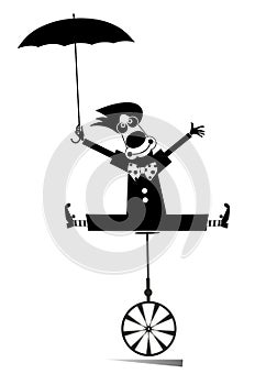 Equilibrist clown balances on the unicycle with an umbrella illustration