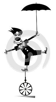 Equilibrist clown balances on the unicycle with an umbrella illustration