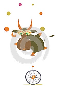 Equilibrist cow rides on the unicycle and juggles the balls illustration