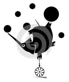 Equilibrist elephant rides on the unicycle and juggles the balls. Illustration