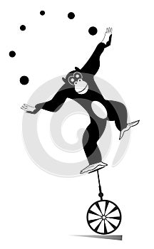 Equilibrist monkey rides on the unicycle and juggles the balls illustration