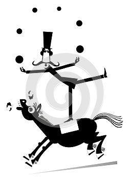 Equilibrist mustache man rides horse and juggles the balls