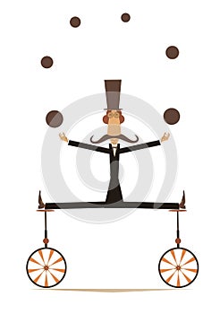 Equilibrist mustache man on two unicycles juggles the balls illustration.