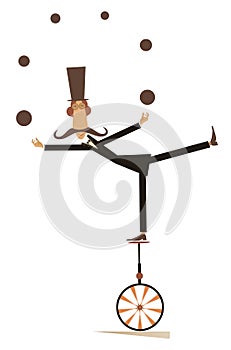 Equilibrist mustache man on the unicycle juggles the balls illustration