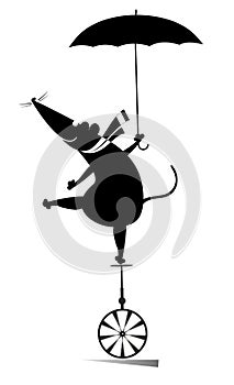 Equilibrist rat or mouse balances on the unicycle with an umbrella illustration