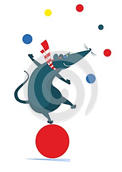 Equilibrist rat or mouse on the big ball juggles the balls illustration