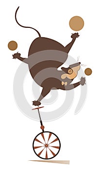 Equilibrist rat or mouse rides on the unicycle and juggles the balls illustration