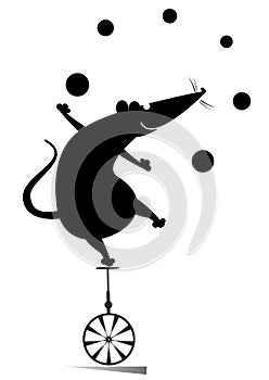 Equilibrist rat or mouse rides on the unicycle and juggles the balls illustration