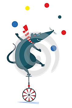 Equilibrist rat or mouse rides on the unicycle and juggles the balls illustration