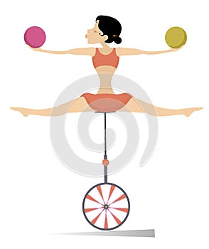 Equilibrist woman balances on the unicycle with the balls illustration