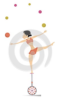 Equilibrist woman on the unicycle juggles balls illustration.