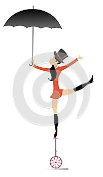 Equilibrist woman on the unicycle with umbrella illustration