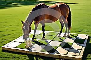 Equine Strategy: Horse Effortlessly Dominates Chessboard on Natural Grass Squares, Late Afternoon Sunlight