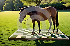 Equine Strategy: Horse Effortlessly Dominates Chessboard on Natural Grass Squares, Late Afternoon Sunlight