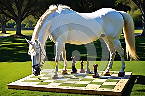 Equine Strategy: Horse Effortlessly Dominates Chessboard on Natural Grass Squares, Late Afternoon Sunlight