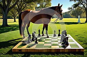 Equine Strategy: Horse Effortlessly Dominates Chessboard on Natural Grass Squares, Late Afternoon Sunlight