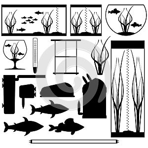 Equipment for aquarium. Silhouettes underwater vector elements with fishes plants stones seaweeds.