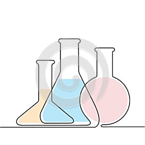 Equipment for chemic lab.Chemical flasks.One line drawing.Vector illustration