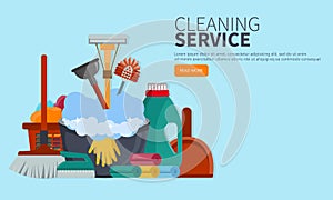 Equipment Cleaning service concept. Poster template for house cleaning services with various tools. Flat vector