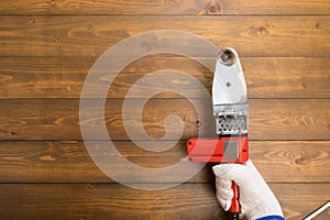 Equipment for connecting plastic pipes on a dark wooden background