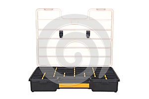 Equipment of craftsman. A empty open professional black plastic storage box for screws, bolts, dowels and some other components