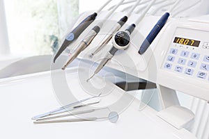 Equipment and dental instruments in dentist's office. Dentistry photo