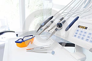 Equipment and dental instruments in dentist's office. Dentistry photo