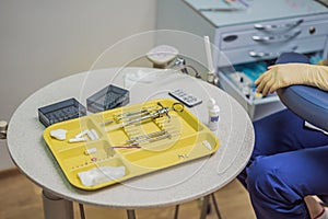 Equipment and dental instruments in dentist's office. Tools close-up. Dentistry