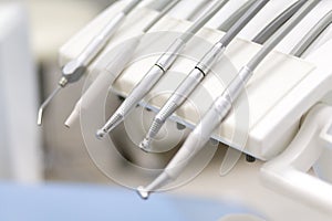 Equipment and dental instruments in dentist`s office. Tools close-up. Dentistry