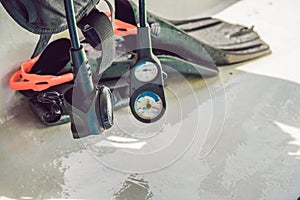 Equipment for diving and underwater compass are ready to dive