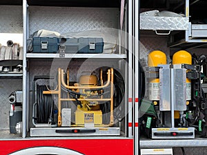 Equipment for extinguishing fires in a fire engine. Close-up