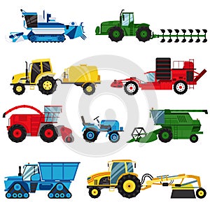 Equipment farm for agriculture machinery combine harvester vector.