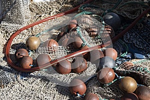 Equipment and fishing ropes nets and floats arranged