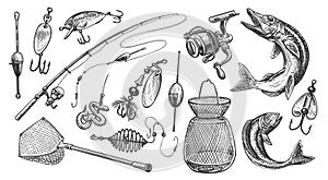 Equipment for fishing set. Fishing rod, floats and other devices for sport fishing. Sketch vector illustration
