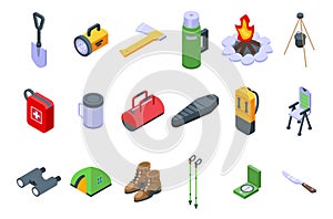 Equipment for hike icons set, isometric style