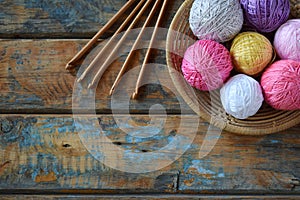 The equipment for knitting and crochet hook, colorful rainbow cotton yarn, ball of threads, wool. Handmade crocheting crafts. DIY