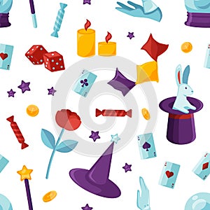 Equipment for magic show seamless pattern. Purple wizard cylinder with white rabbit, illusionist white gloves, magical