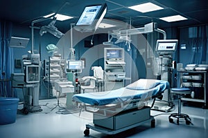 equipment and medical devices in modern operating room take with art lighting and blue filter, Equipment and medical devices in