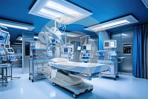 equipment and medical devices in modern operating room take with art lighting and blue filter, Equipment and medical devices in