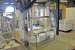 Equipment at the milk pasteurization site in the production shop. Cheese dairy photo