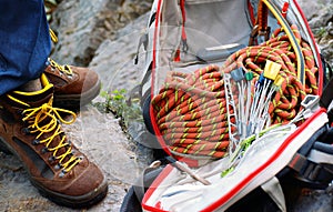 Equipment for mountain climbing. Mountain boots, Carabiner, ATC-Guide, harnessPhysical activity in the countryside