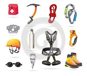 Equipment for Mountaineering and Hiking. Icons Set