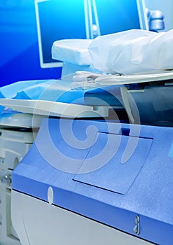 Equipment at oncology department at hospital. Modern ultrasound apparatus close-up in hospital.