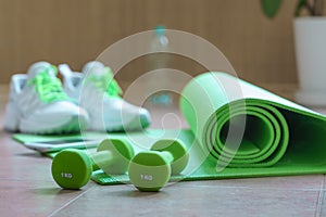 Equipment for physical workout at home. Active healthy lifestyle concept.