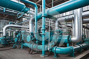 Equipment piping inside of a modern chemical refinery, neural network generated picture