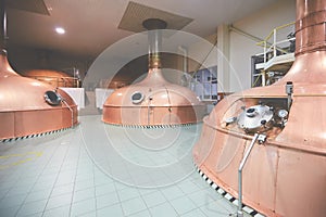 Equipment for preparation of beer. Lines of cooper tanks in brewery. Manufacturable process of brewage. Mode of beer