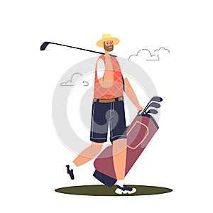 Equipment for professional golf: man golf course worker carry bundle of clubs for game