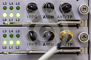 Equipment of radio base station close-up with green diods.